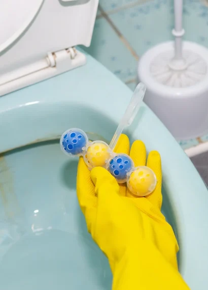 Une main gantée qui tient un bloc wc