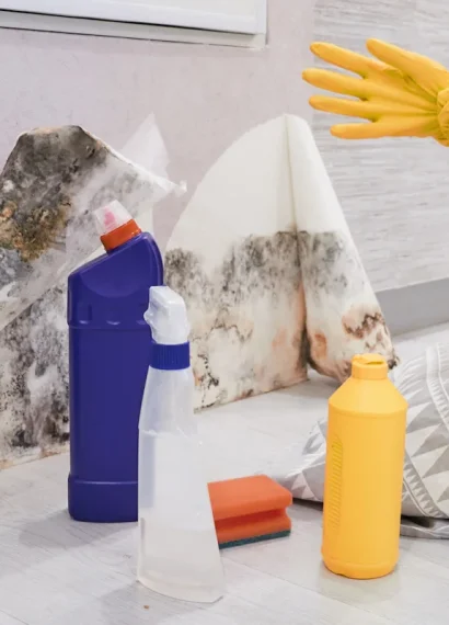 Une personne gantée assise sur le sol à côté de produits de nettoyage et un mur plein de moisussures