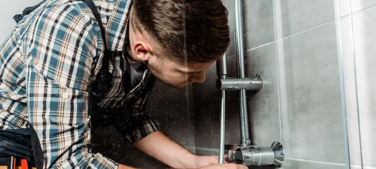 Un homme qui répare la robinetterie d'une douche