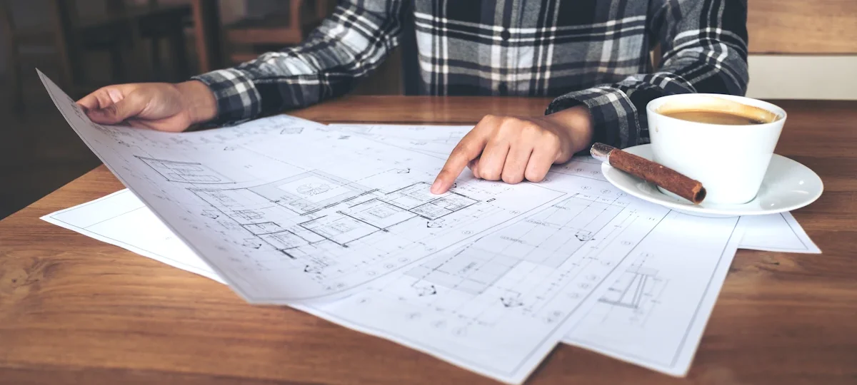 Un homme qui regarde un plan de maison près d'une tasse de café