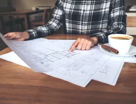 Un homme qui regarde un plan de maison près d'une tasse de café