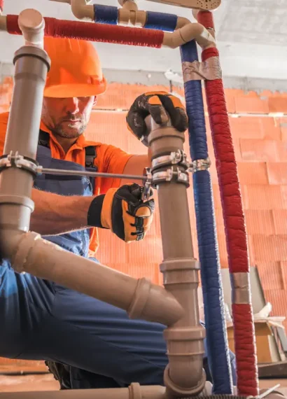 Un homme qui installe des tuyaux de plomberies