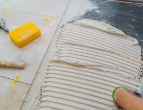 Tile installation with cement and tiling tools